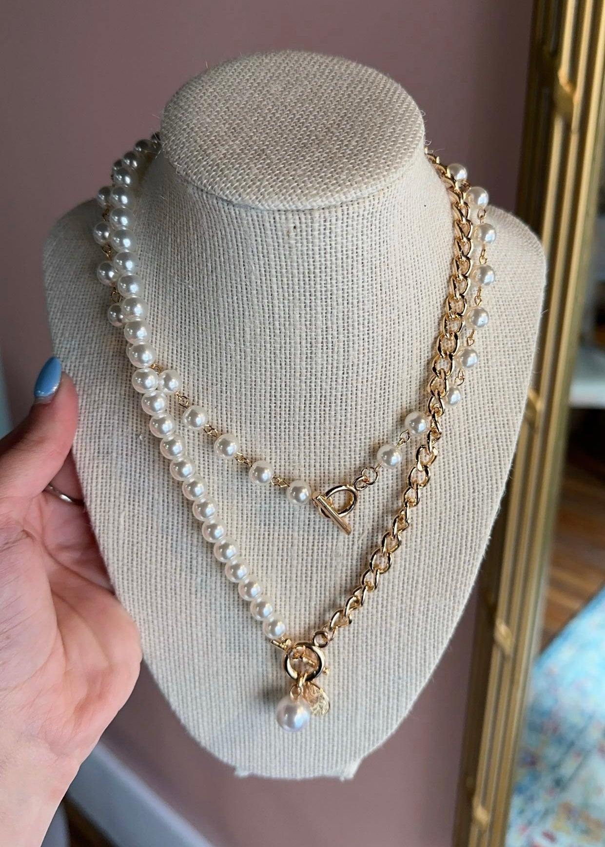 MN90034 2 Toggle Pearl and Chain Necklace