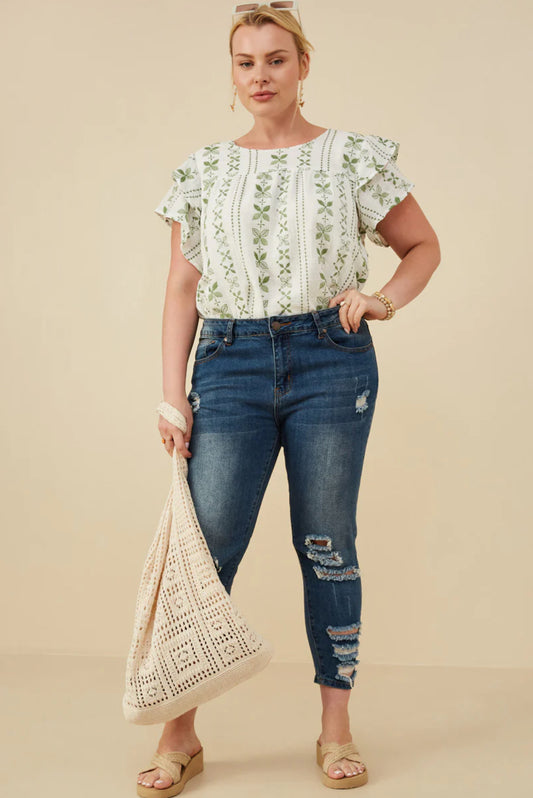 HY8625W Curvy Botanical Embroidered Top