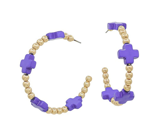 ME1729 Water Resistant Gold Beaded Cross Shape Earrings