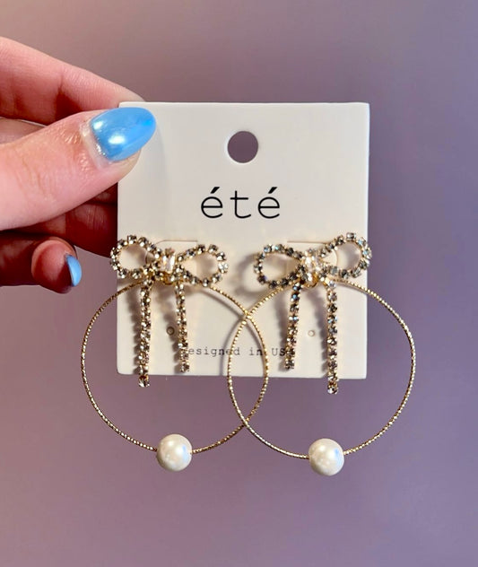 EME3823 Rhinestone Bow and Pearl Earrings