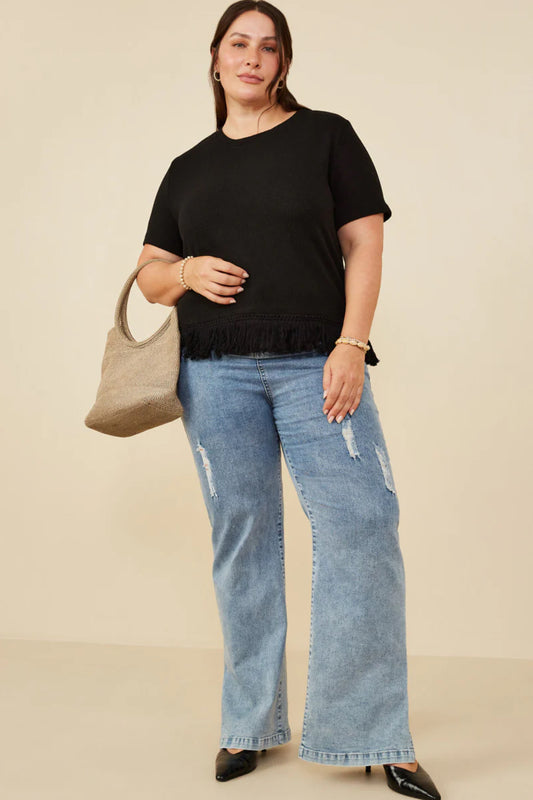 HY8429W Curvy Fringed Tassel Hem Top