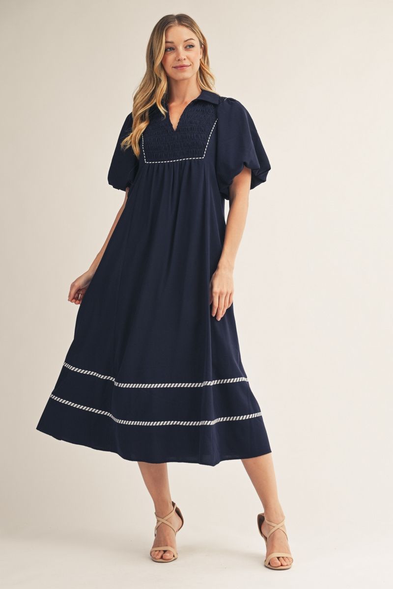 G15631 Front Smocking Detail Midi Dress