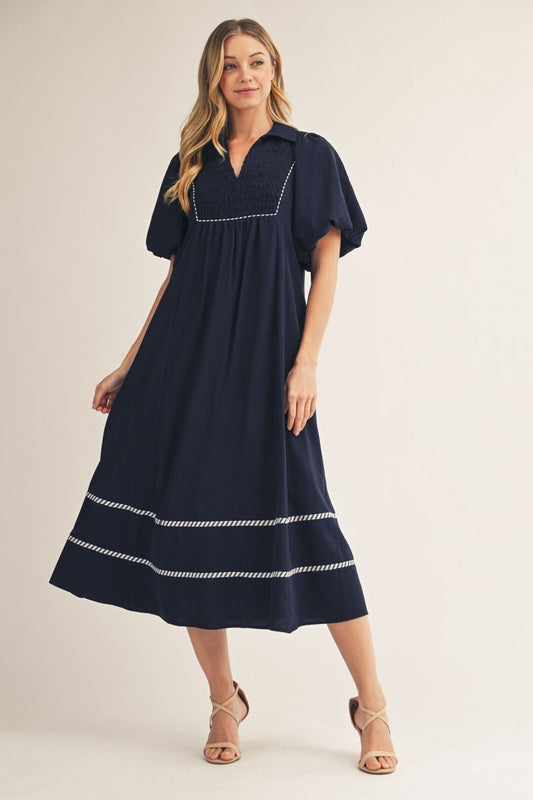 G15631 Front Smocking Detail Midi Dress