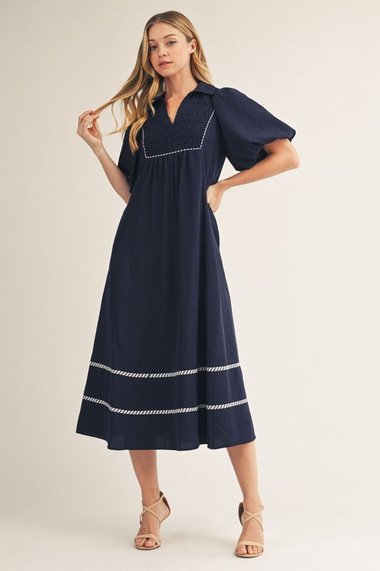 G15631 Front Smocking Detail Midi Dress