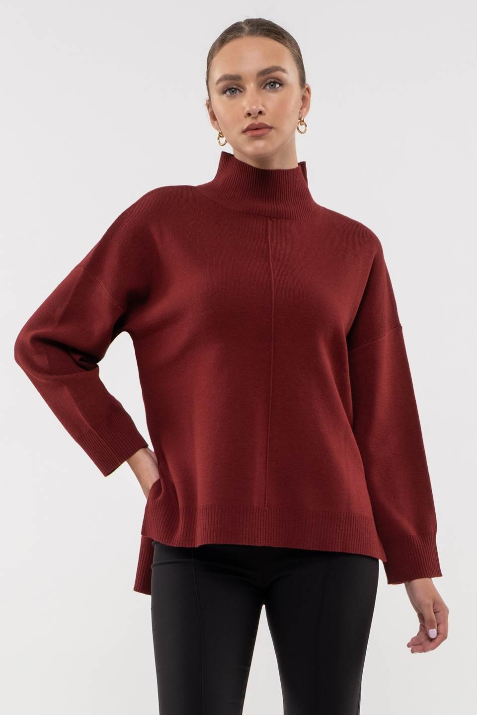 TW1061 Solid Mock Neck Knit Sweater