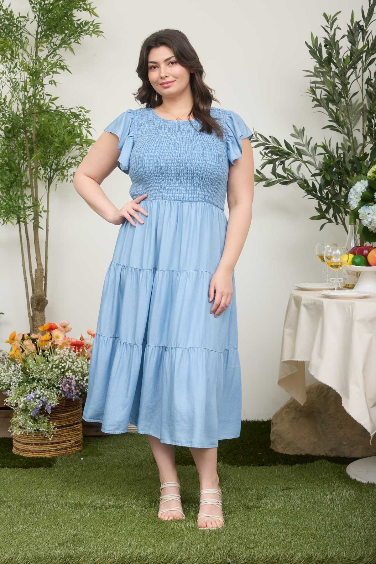 PCR2946 Curvy Smocked Tiered Midi Dress