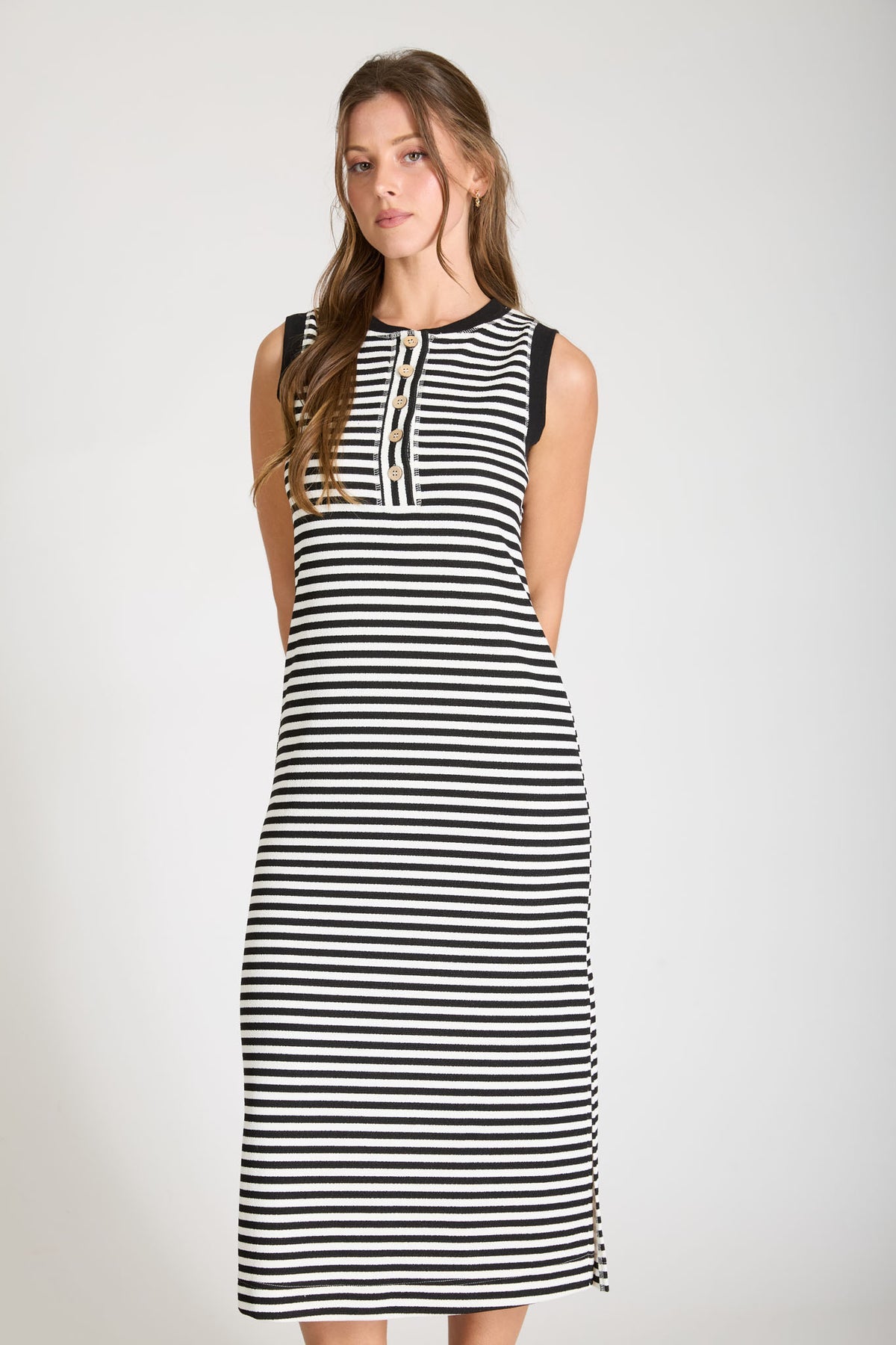 B6SX1045-D Stripe Henley Tank Midi Dress