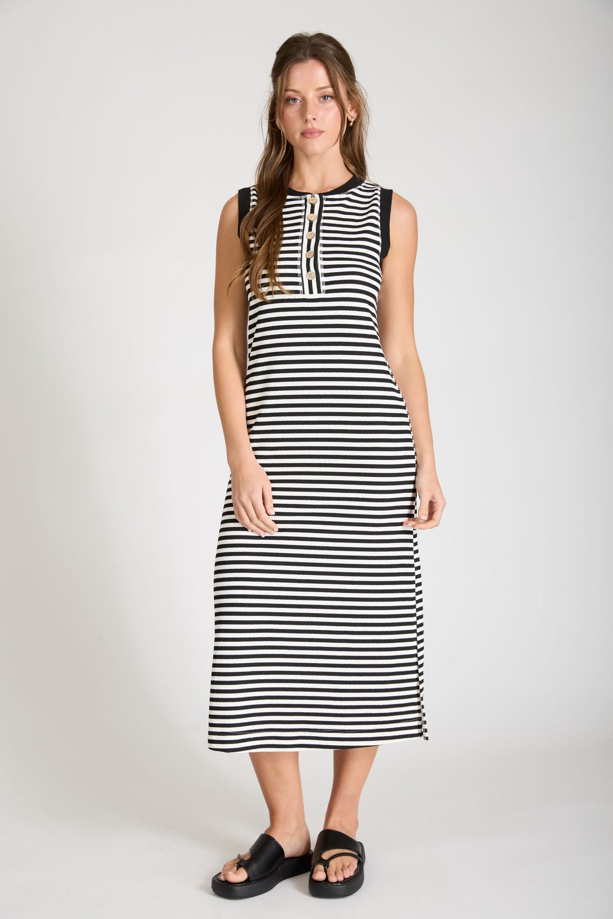 B6SX1045-D Stripe Henley Tank Midi Dress