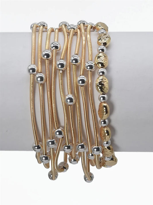 CB2181 Set of 5 Gold Wired Stretch Bracelets with Silver Beaded Accents