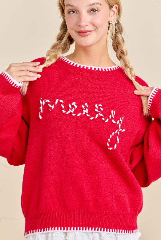 CL21056 Merry Embroidered Sweater with Contrasting Neckline