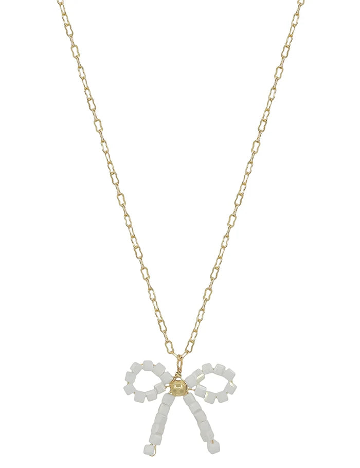 TNE1403 White Squared Bow Crystal Necklace