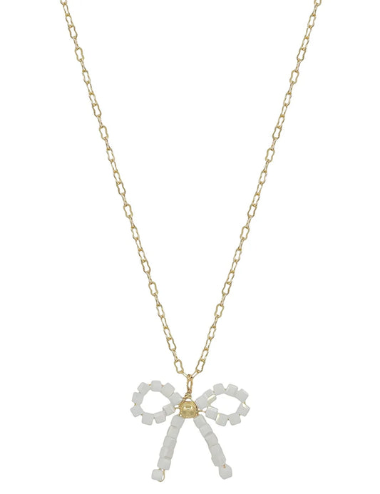 TNE1403 White Squared Bow Crystal Necklace