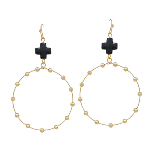 ME1731 Black Cross Shape with Gold Beaded Open Circle Drop Earrings