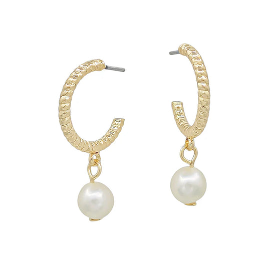 EME4160 Gold Huggie Hoop with Small Freshwater Pearl Drop Earrings