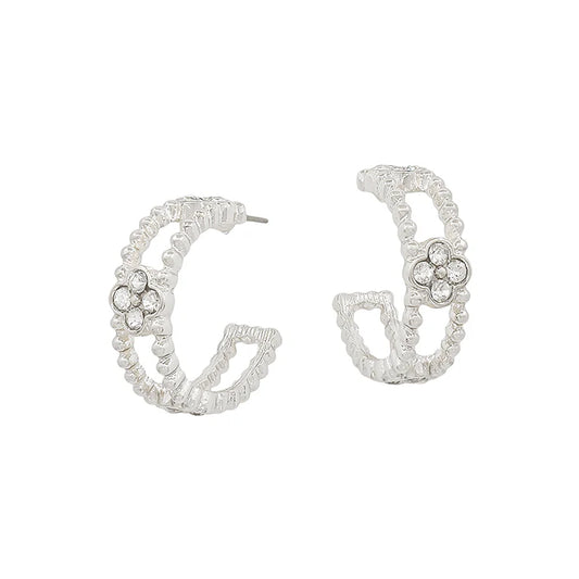 EME3945 Textured Hoop with Rhinestone Clover Accent Earrings