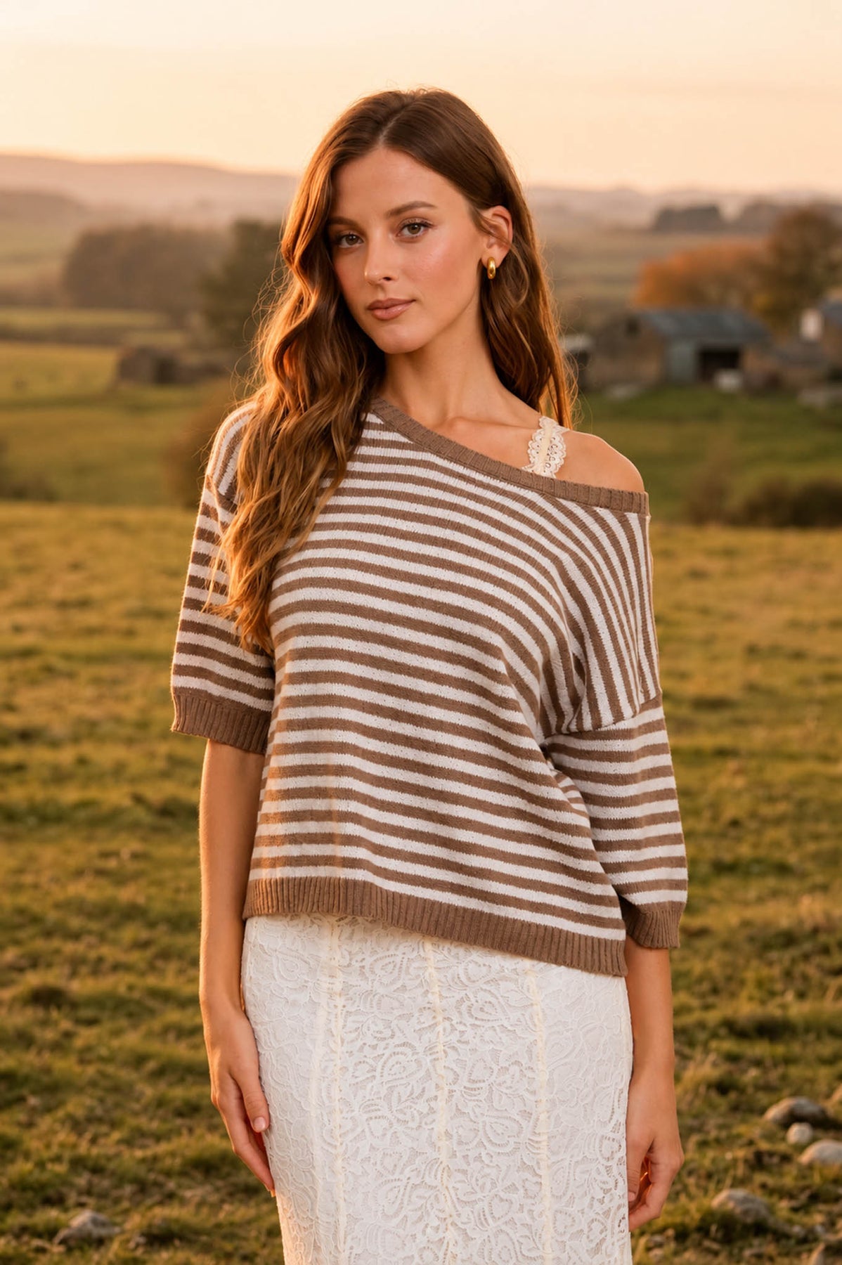 B6ST1022 Stripe Contrast Trim Sweater Top