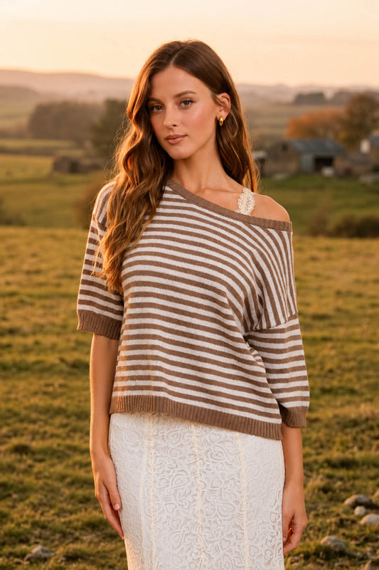 B6ST1022 Stripe Contrast Trim Sweater Top