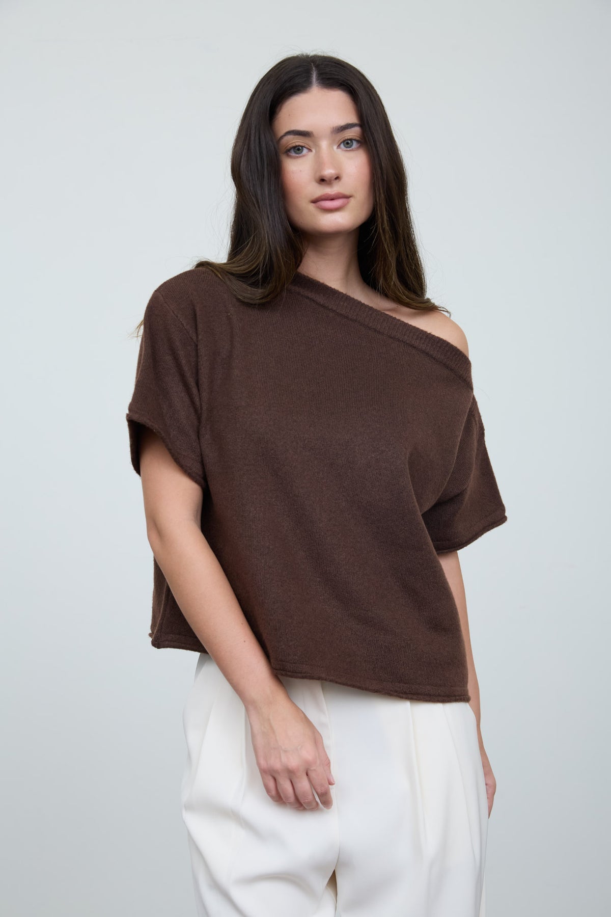 TW2340 Off Shoulder Asymmetrical Sweater Top
