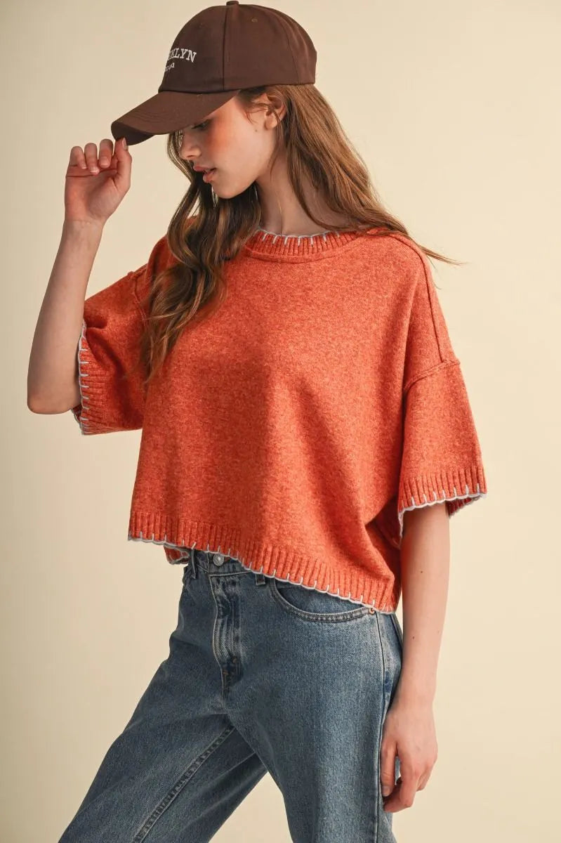 MSW11407 Blanket Stitch Mock Neck Sweater Top