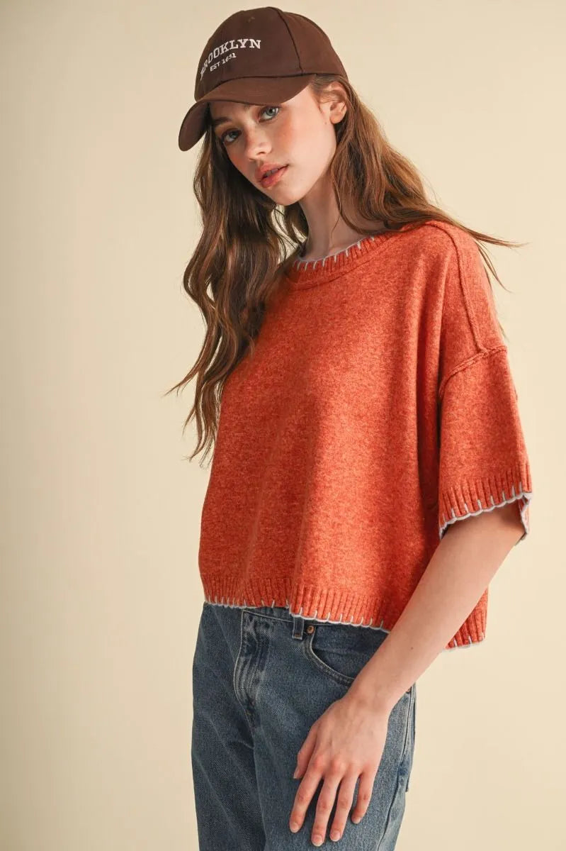 MSW11407 Blanket Stitch Mock Neck Sweater Top
