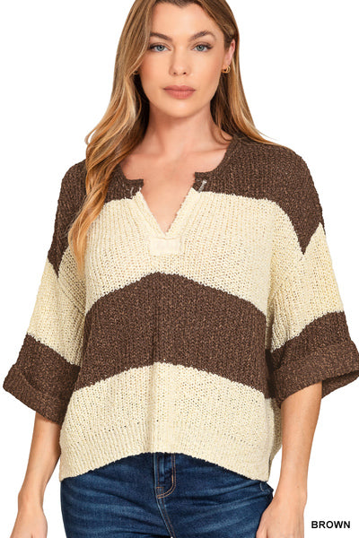 TW-2693A5 Split Neck Striped Sweater