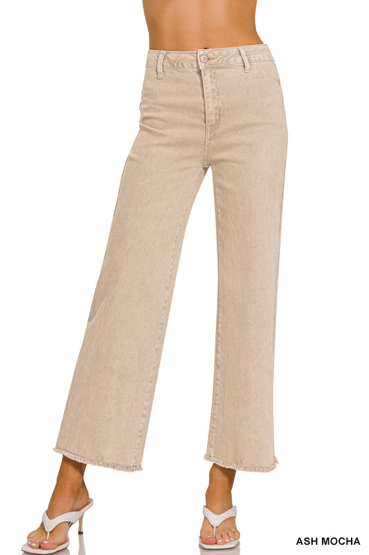 DMP-1856A Acid Washed Frayed Cutoff Hem Straight Wide Pants