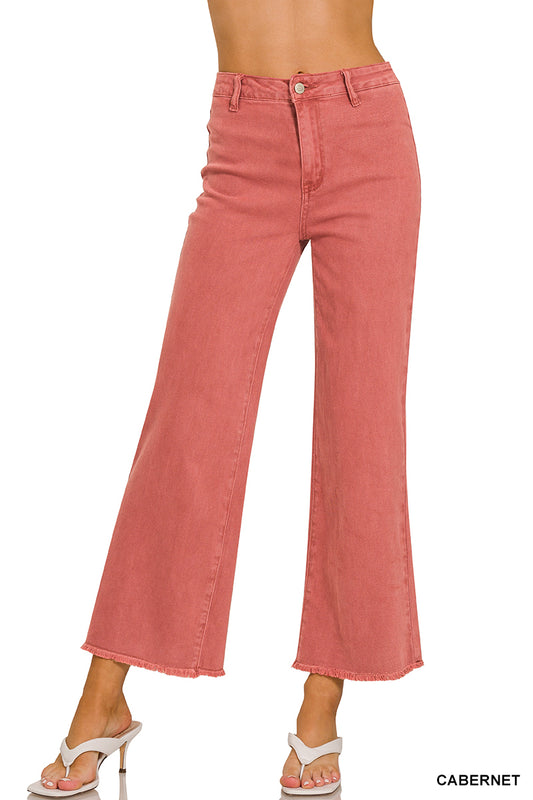 DMP-1856A Acid Washed Frayed Cutoff Hem Straight Wide Pants