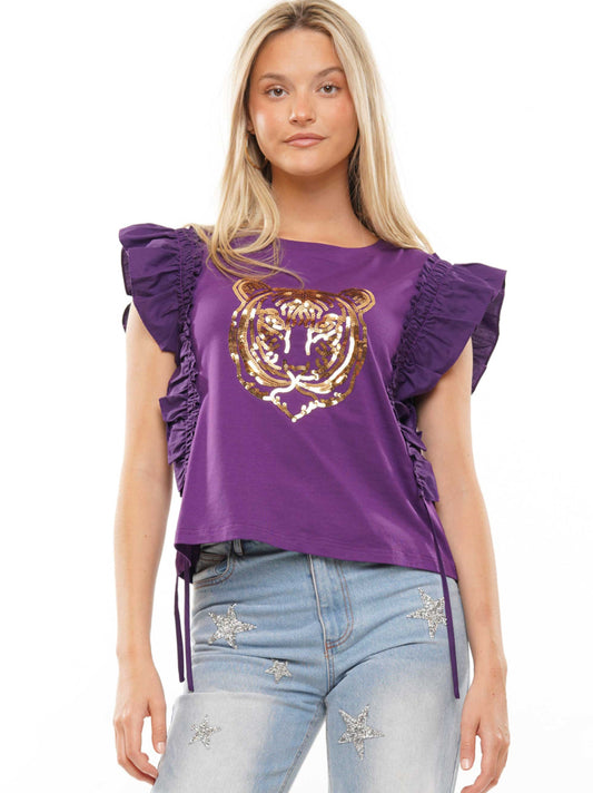 T230229 Ruffle Sleeve Game Day Top